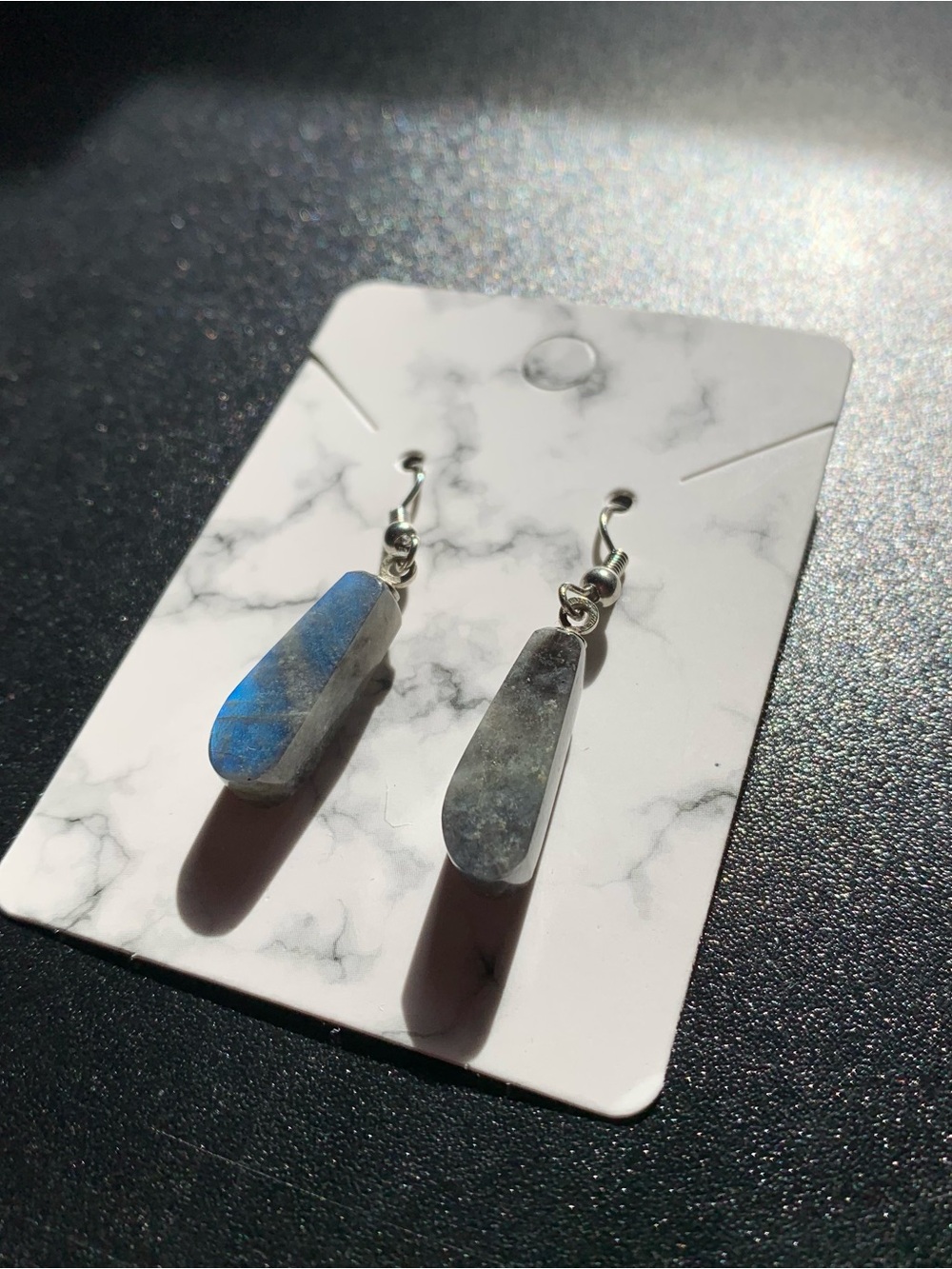 Iridescent Blue-Grey Labradorite Teardrop Dangle Earrings